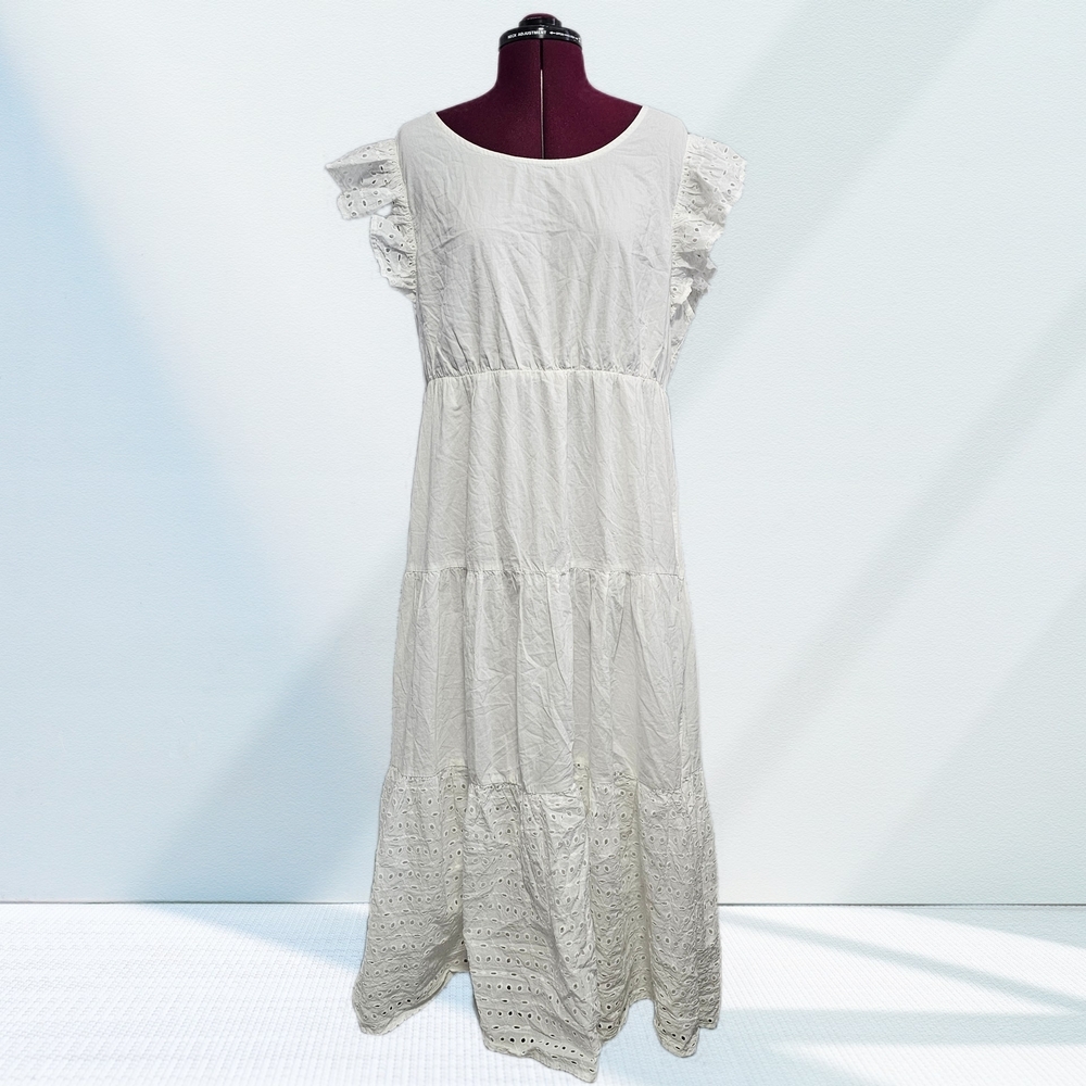 Maison Jules White Eyelet Cotton Tiered Drape Flutter Cottagecore Maxi Dress XL